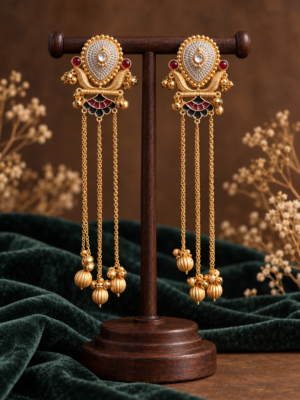 Deepti red black Kashmiri earrings with cascading gold-tone chains