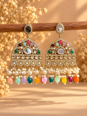 Sarah multicolour Kundan chandbali earrings with colourful bead drops