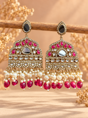 Sarah dark pink Kundan chandbali earrings with pearl-style bead clusters