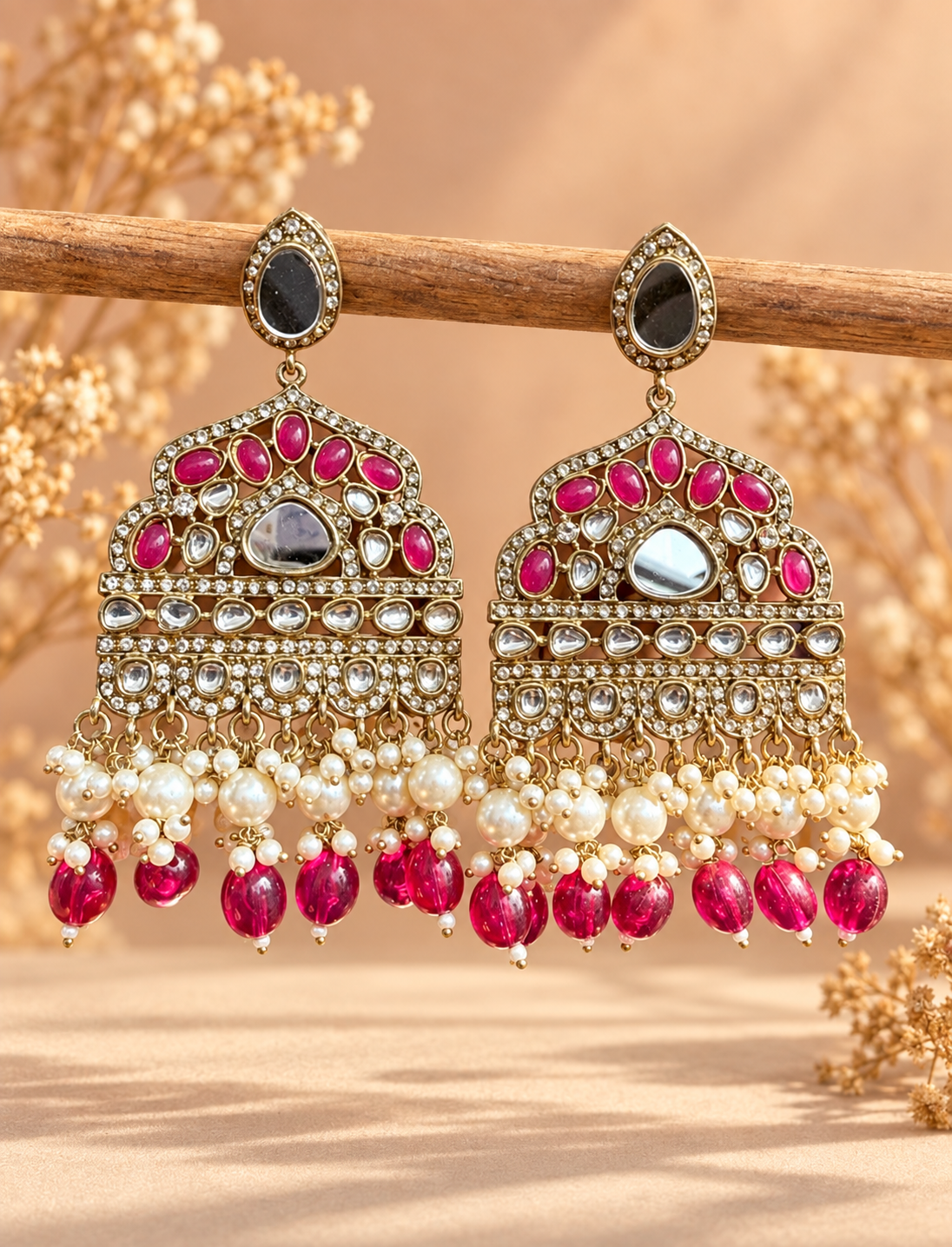 Sarah dark pink Kundan chandbali earrings with pearl-style bead clusters