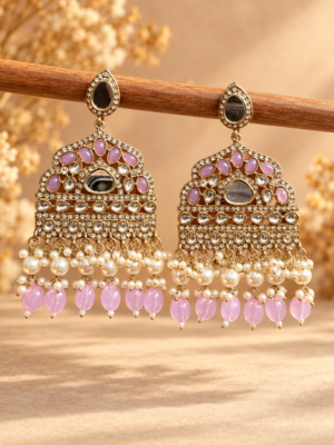 : Sarah lavender Kundan chandbali earrings with pearl-style bead clusters