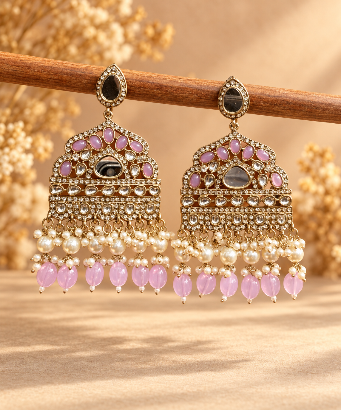 : Sarah lavender Kundan chandbali earrings with pearl-style bead clusters