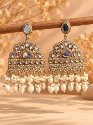 Sarah white Kundan chandbali earrings with pearl-style bead clusters