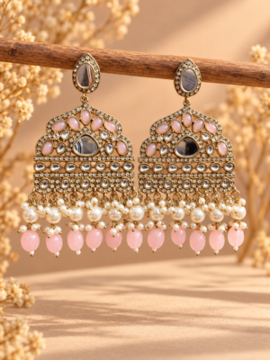 Sarah light pink Kundan chandbali earrings with pastel bead drops