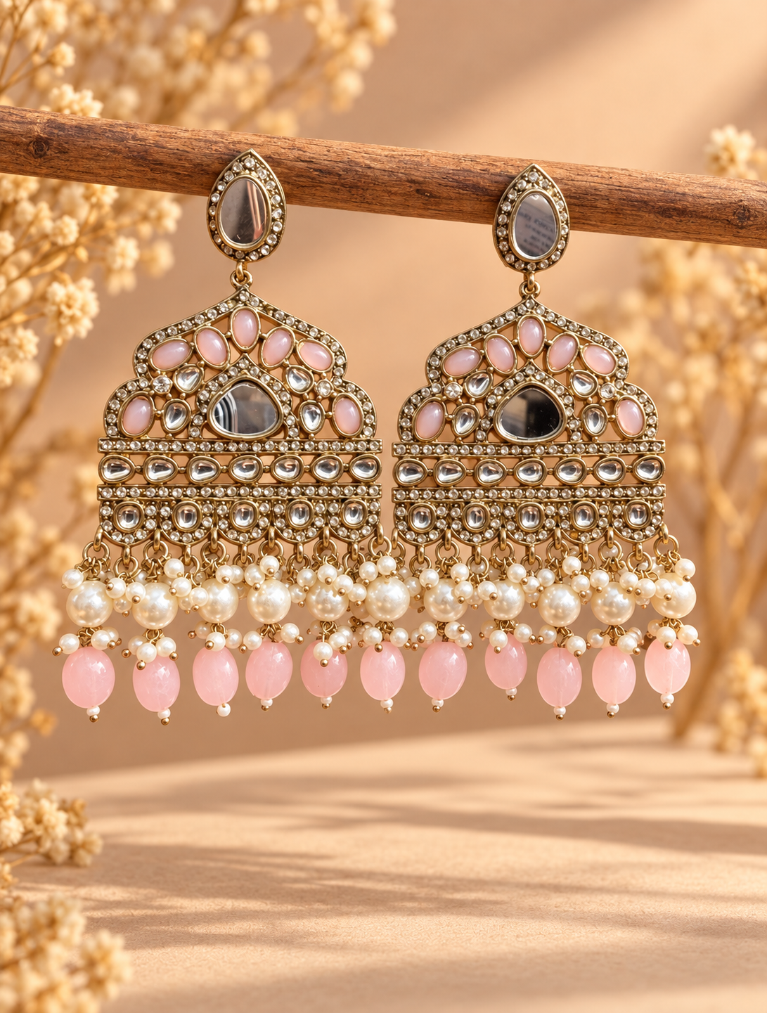 Sarah light pink Kundan chandbali earrings with pastel bead drops
