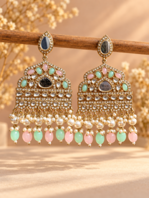 Sarah mint pink Kundan chandbali earrings with pastel bead drops