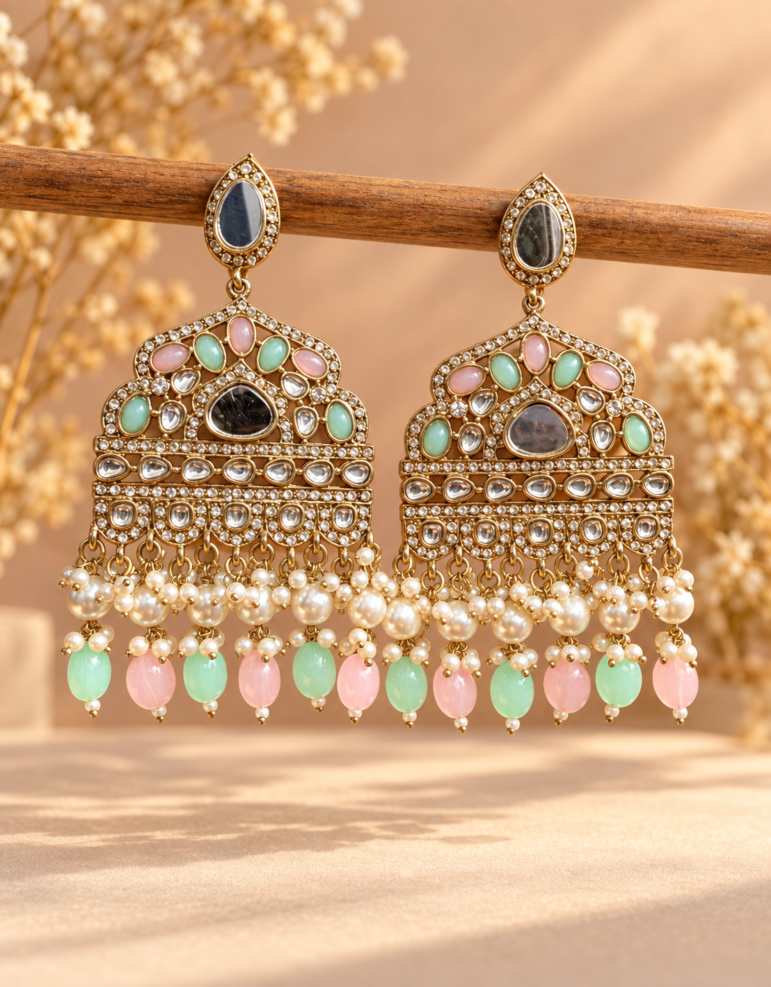 Sarah mint pink Kundan chandbali earrings with pastel bead drops