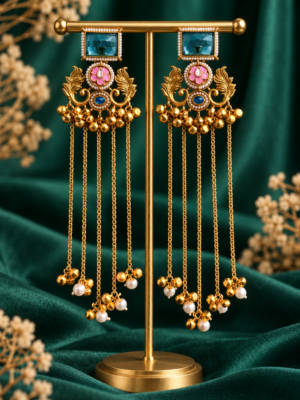 Suhani green and light pink long Kashmiri earrings with cascading chains