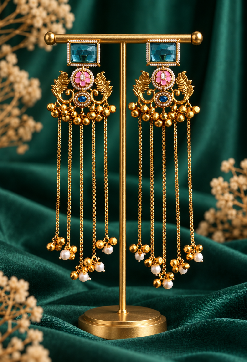 Suhani green and light pink long Kashmiri earrings with cascading chains