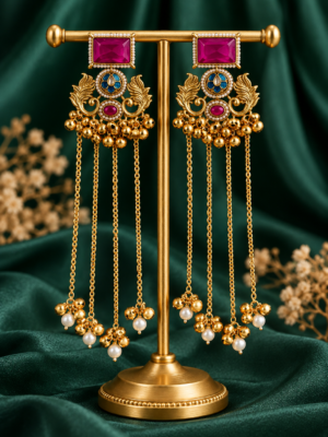Suhani pink and green long Kashmiri earrings with cascading chains