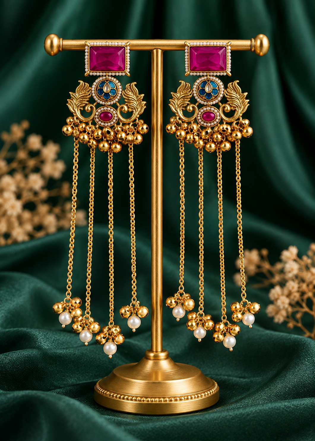 Suhani pink and green long Kashmiri earrings with cascading chains