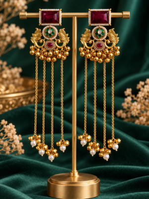 Suhani red green long Kashmiri earrings with cascading chains and ghungroos