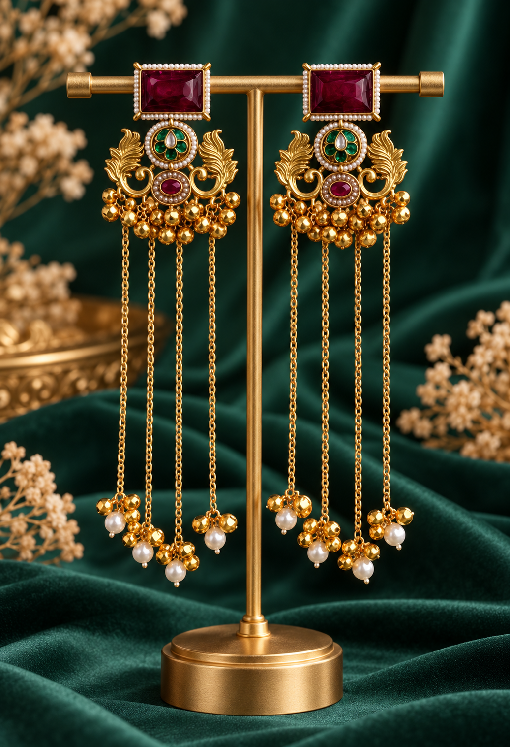 Suhani red green long Kashmiri earrings with cascading chains and ghungroos