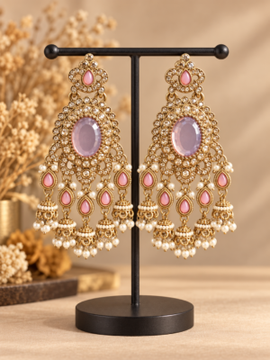 Alt Text: Samyukta light pink Kundan jhumka earrings with oval stones and miniature jhumka drops
