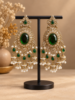 Samyukta dark green Kundan jhumka earrings with oval stones and miniature jhumka drops