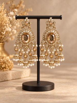 Samyukta golden Kundan jhumka earrings with oval stones and miniature jhumka drops