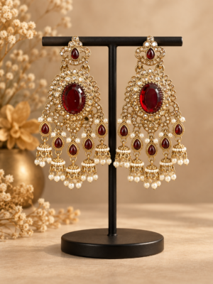 Samyukta red Kundan jhumka earrings with oval stones and miniature jhumka drops