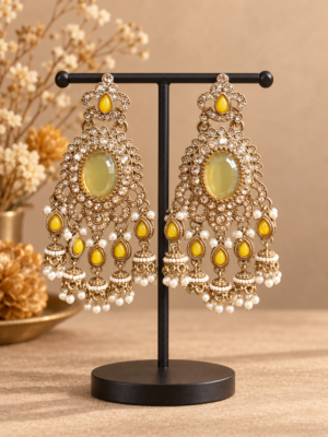 Samyukta yellow Kundan earrings with oval stones and miniature jhumka drops