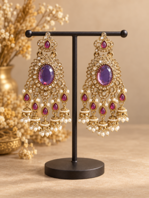 Samyukta wine Kundan jhumka earrings with oval stones and miniature jhumka drops