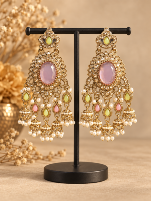 Samyukta mint pink Kundan jhumka earrings with pastel stones and miniature jhumka drops