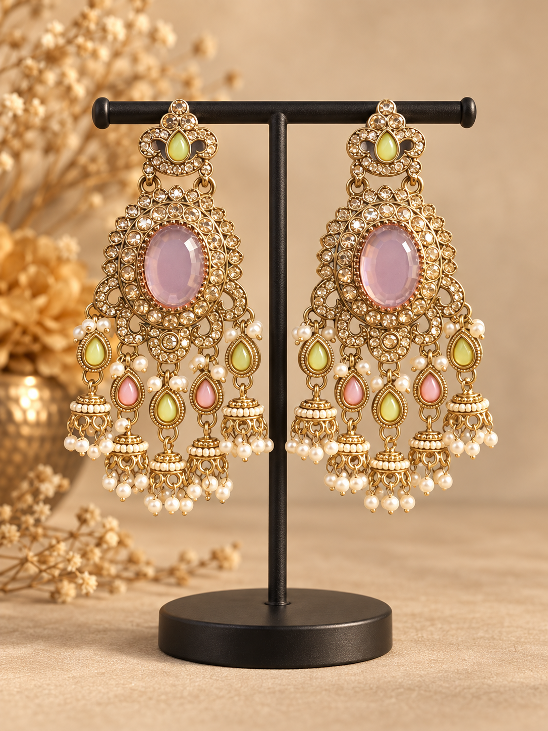Samyukta mint pink Kundan jhumka earrings with pastel stones and miniature jhumka drops
