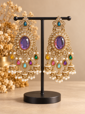 Samyukta multi Kundan jhumka earrings with colourful stones and miniature jhumka drops