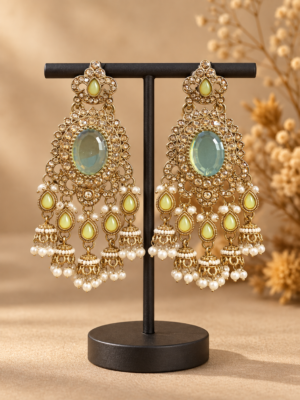 Samyukta mint green Kundan jhumka earrings with oval stones and miniature jhumka drops