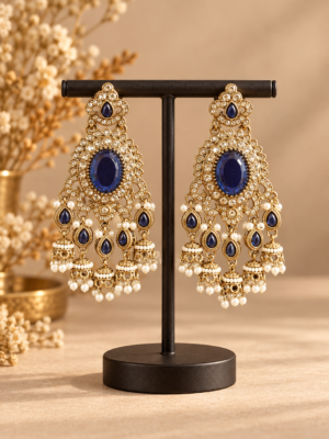 dark blue Kundan jhumka earrings with oval stones and miniature jhumka drops