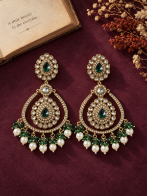Kirti dark green Kundan Chandbali earrings with teardrop stonework and layered bead drops