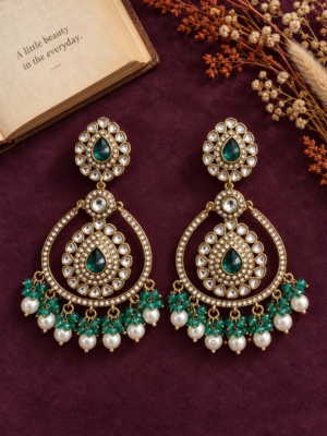 Kirti teal green Kundan Chandbali earrings with teardrop stonework and layered bead drops