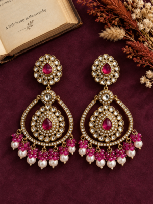 Kirti dark pink Kundan Chandbali earrings with teardrop stonework and layered bead drops