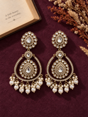 Kirti white Kundan Chandbali earrings with teardrop stonework and layered pearl drops