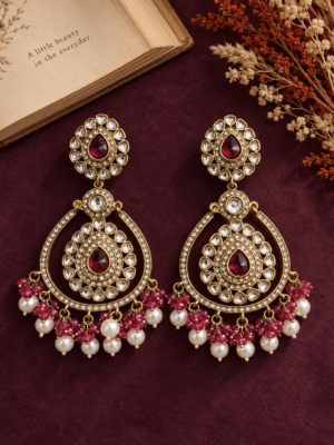 Kirti wine Kundan Chandbali earrings with teardrop stonework and layered bead drops