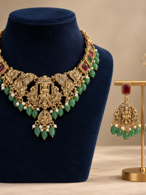 Kanakpriya jade green ruby Lakshmi temple jewellery set with peacock motifs and matching earrings