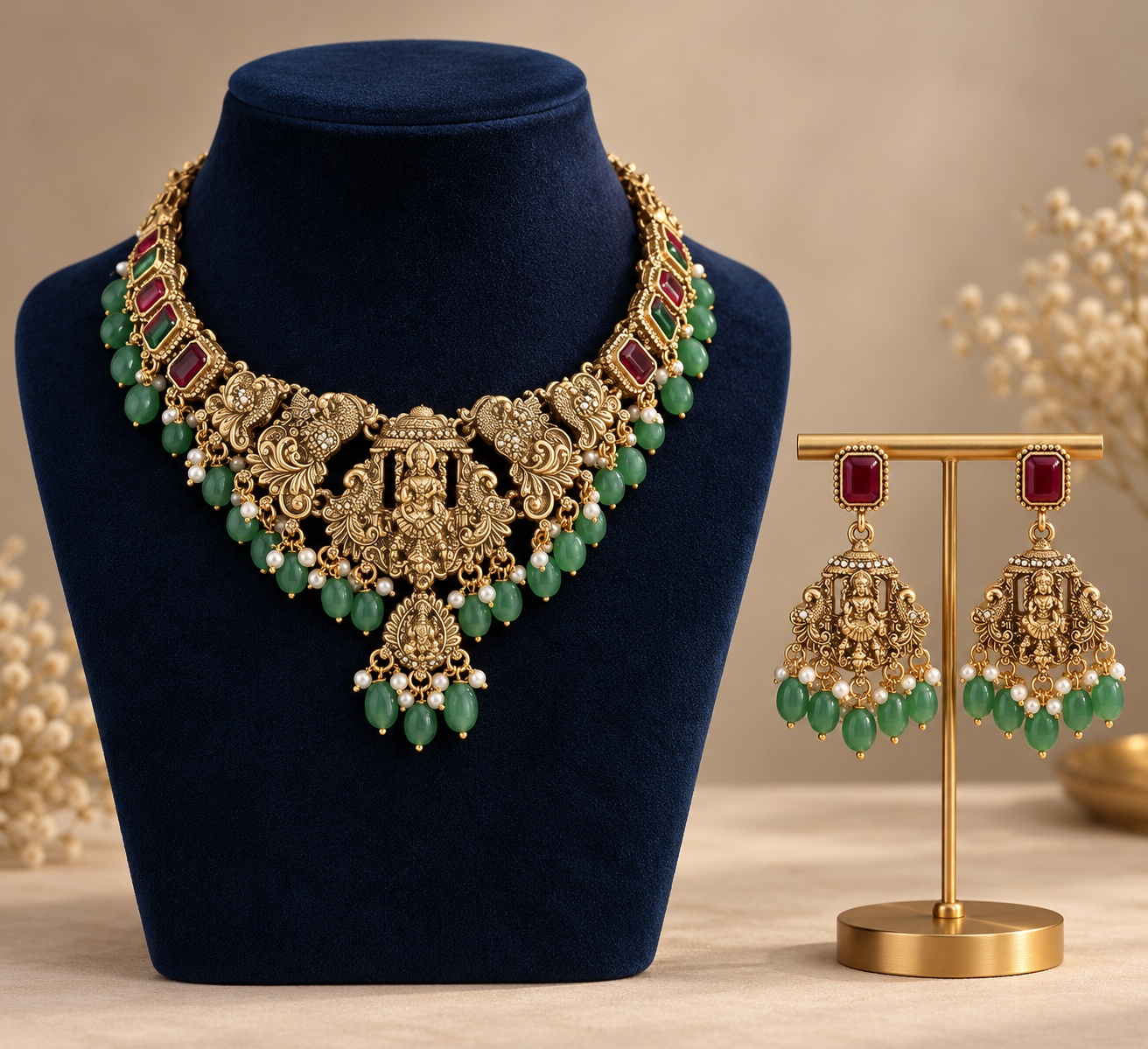 Kanakpriya jade green ruby Lakshmi temple jewellery set with peacock motifs and matching earrings