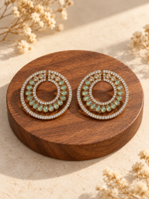 Ojasvi mint green circular Kundan stud earrings with teardrop stones and sparkling borders