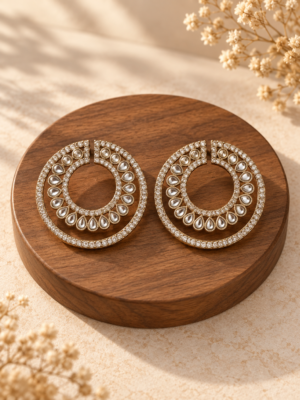 Ojasvi white circular Kundan stud earrings with teardrop stones and sparkling borders