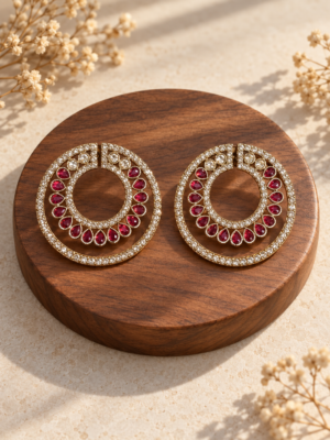 Ojasvi red circular Kundan stud earrings with teardrop stones and sparkling borders