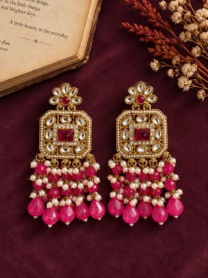 Samia lightweight dark pink Kundan earrings with pearl and bead drops