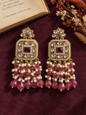 Samia lightweight wine Kundan earrings with pearl and bead drops