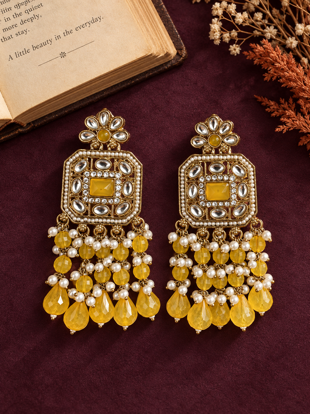 Samia lightweight yellow Kundan earrings with pearl and bead drops