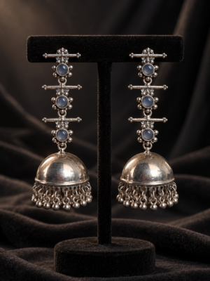 Triveni oxidised silver-tone jhumka earrings with three grey stones, textured domes and dangling beads