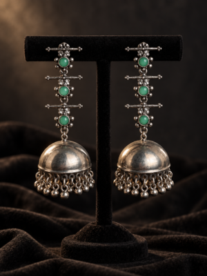 Triveni oxidised silver-tone jhumka earrings with three mint green stones, textured domes and dangling beads