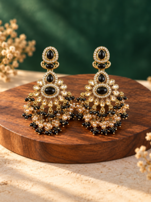 Aabha black Kundan chandelier earrings with clustered bead drops