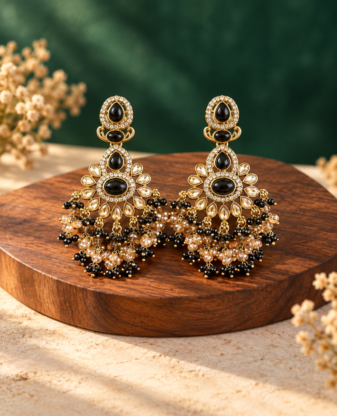 Aabha black Kundan chandelier earrings with clustered bead drops
