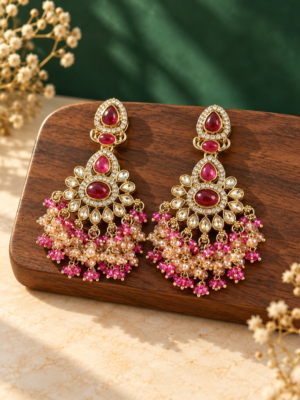 Aabha dark pink Kundan chandelier earrings with clustered bead drops