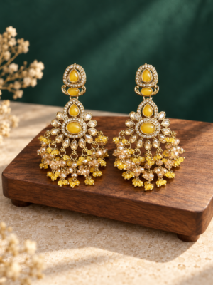 Aabha yellow Kundan chandelier earrings with clustered bead drops