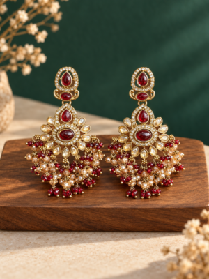 Aabha red Kundan chandelier earrings with clustered bead drops