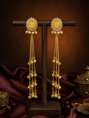 Kasturi long yellow Kashmiri ghungroo earrings with golden chains