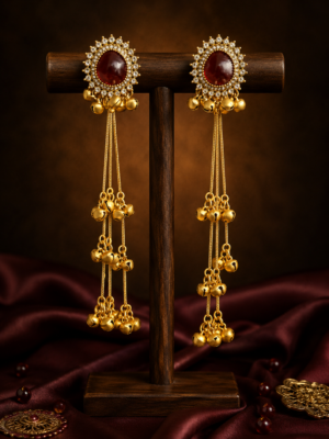 Kasturi long ruby red Kashmiri ghungroo earrings with golden chains